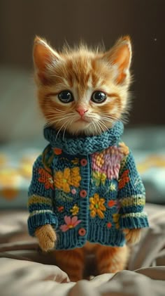 a small kitten wearing a sweater on top of a bed