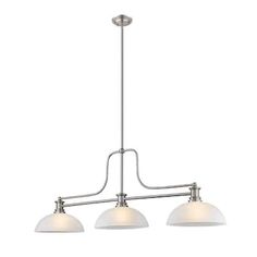 three light chandelier with white glass shades on the bottom and one light hanging from the