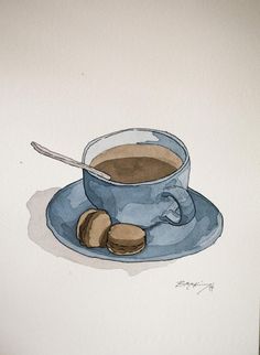 a painting of a cup of coffee and some cookies