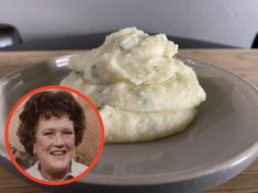 a plate with mashed potatoes and a woman's face