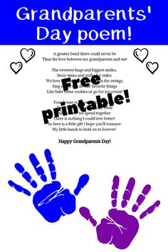 a blue and purple handprinted poster with the words grandparents's day poem