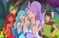 the four princesses are standing in front of some trees and bushes, one is talking on her cell phone