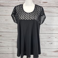 Umgee -Women's Black Lace Crochet Top Detail Hi -Low Hem Top Blouse Size Large. Cotton, Polyester Fabrics. Approx. Measurements Pit To Pit 21 In. Top Length 28 In. Back 33 In. New With Tag In Excellent Condition, No Rips Or Stain. Black Lace Top For Layering, Black Lace Top With Crew Neck, Black Lace Crew Neck Top, Black Short Sleeve Tops With Lace Patchwork, Black Lace Tops For Layering, Black Lace Top With Crochet Details, Spring Black Lace Top With Crochet Details, Fitted Black Top With Crochet Lace, Black Crochet Lace Top For Spring