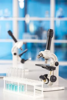 microscope and test tubes on table in laboratory - stock photo - images