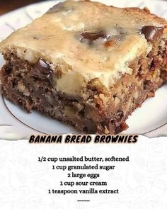 banana bread brownies on a white plate with chocolate chips