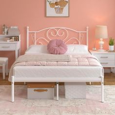 New arrival unique romantic style bed frame by Yoneston. Classic color always welcome to any boys & girls bedroom. We always focus on creating a non-slip and noise-free bed frame to provide you a better sleeping time, which ideal in your master bedroom, guest bedroom or teen's room. Our this modern Full Platform Bed Frame with the love heart shape Headboard is made of stable metal material with large weight capacity up to 350lbs. Solid metal framework with ultimate strength makes this metal plat White Metal Bed Frame Full Size, Cute Bed Frames For Teens Metal, Y2k Bedframe, Cute Bed Frames, Bedroom Furniture White, White Metal Bed Frame, Full Metal Bed Frame, Disney Room, Disney Room Decor