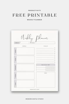 a printable weekly planner for a product week with the title, free printable weekly planner