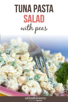 this tuna pasta salad is loaded with peas and parsley it's ready to be eaten