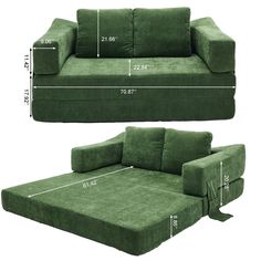 a green couch and ottoman with measurements