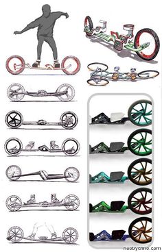 various types of skateboards and wheels are shown in this drawing style illustration, with the image of a man riding on one wheel