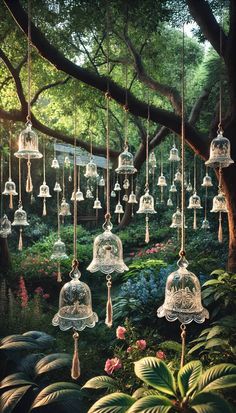 a bunch of glass bells hanging from a tree in the middle of some plants and flowers