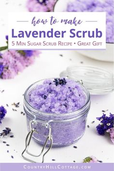 See how to make easy moisturizing DIY lavender sugar scrub with essential oils and coconut oil! Homemade exfoliating lavender body scrub has many skincare benefits. You can create easy variations like lemon, vanilla or peppermint. Simple lavender scrub also makes a great DIY gift idea. Comes with tips for how to use, packaging ideas, storage, shelf life and free printable labels. Great for legs, feet, hands and lips. #sugarscrub #bodyscrub #lavenderscrub #essentialoils | countryhillcottage.com Lavender Scrub, Lavender Body Scrub, Peppermint Scrub, Easy Sugar Scrub