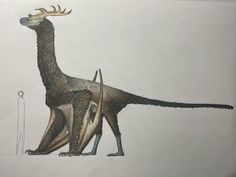 a drawing of a dinosaur with horns and antlers on it's back legs