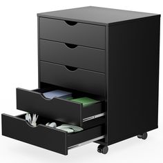 a black filing cabinet with three drawers and two file folders in the bottom drawer