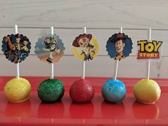 there are six cake pops with toy story characters on them