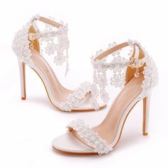 Details: Style: elegant Embellishment: lace, Appliques , tassels Heels Type: Stiletto Heel height: 10.5cm/8cm Closure Type: one-strap buckle Toe: Open Toe Upper Material: PU Leather Sole Material: Rubber Lining Material: PU Leather Whimsical Aesthetic, Lace High Heels, Heels Patterns, Tassel Sandals, Elegant High Heels, Roman Sandals, Types Of Heels, Stunning Shoes, Sandals White