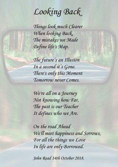 the poem looking back is shown in front of a rear view mirror with trees behind it