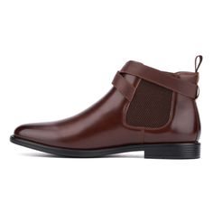 Step into colder months with style in our Maximo boot. This modern take on the classic Chelsea boot features a 2 strap buckle design with gunmetal hardware, adding a contemporary edge. Crafted from faux leather, it offers convenience with elastic gores and a pull tab at the back for easy on and off access. The Maximo combines comfort and trendiness, making it a versatile choice for both casual outings and more polished occasions. Brown Business Boots With Buckle Closure, Business Brown Boots With Buckle Closure, Business Ankle-high Boots With Buckle Closure, Mens Dress Boots, Mesh Heels, Brown Dress Shoes, Gunmetal Hardware, Closed Toe Shoes, New York And Company