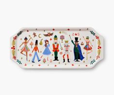 a white tray with an image of people in costumes on the front and back side