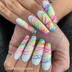 White Nails With Colorful Designs, Black Light Nails, Bright Glitter Nails, 80s Nails Designs, Neon Rainbow Nails Acrylic, Rainbow Nails Acrylic, 80s Nail Designs, Neon Pigment Nail Art Design, Pride Nails Designs