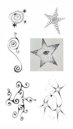 four different types of stars and swirls on a white background, one with an eye in the center