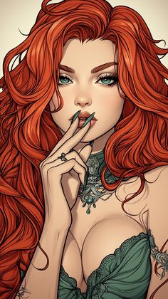 a drawing of a woman with red hair and green bra holding her finger to her mouth