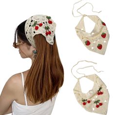 the woman is wearing three pieces of white crocheted hair accessories with cherries on them