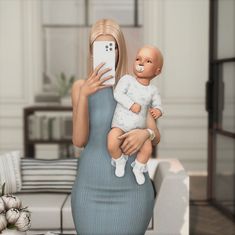 a woman holding a baby doll taking a selfie