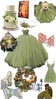 a collage of green and white items including a dress, shoes, cake, flowers, and decorations