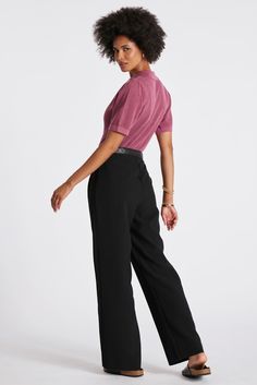 The Madison Pant offers a relaxed-meets-refined sensibility with its high-waisted silhouette, finished with elongating pleats at the waist. Pair it with an easy sweater or its matching Madison Vest for a chic set moment. K4EPW2784A-BLK Chic Wide Leg Pants With Ribbed Waistband For Fall, Chic High-waisted Pants For Elevated Casual Occasions, Chic Elevated Casual High-waisted Pants, Casual Wide Leg Pants With Ribbed Waistband For Work, Chic Solid Bottoms With Ribbed Waistband, Chic Ankle Pants With Ribbed Waistband, Chic Straight Leg Bottoms With Ribbed Waistband, High-waisted Workwear Bottoms With Ribbed Waistband, Chic Wide Leg Bottoms With Ribbed Waistband