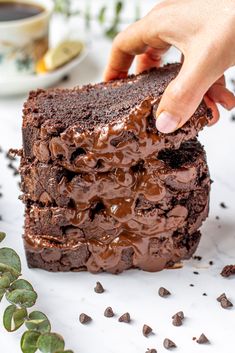 a person placing chocolate frosting on top of a brownie in front of some succulents