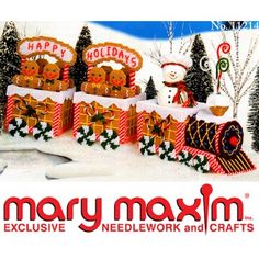 an advertisement for mary moxvim's christmas decorations in front of snow - covered trees