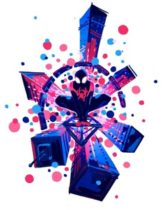 a spider - man is surrounded by geometric shapes and dots in blue, pink, and red