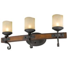 three light bathroom fixture with wood and glass shades in an old - fashioned style design