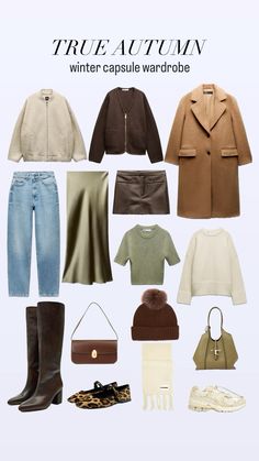 True Autumn Spring Capsule Wardrobe, Warm Fall Color Palette Outfits, Warm Autumn Outfits Color Palettes, Color Theory Clothes, Capsule Wardrobe Earth Tones, True Autumn Outfit Ideas, Capsule Wardrobe True Autumn, Deep Autumn Winter Outfits