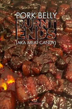 pork belly burnt ends aka meat candy is shown in the foreground with text overlay that reads pork belly burnt ends aka meat candy