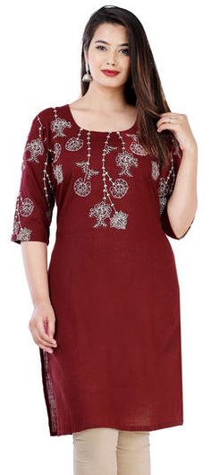 Red and Maroon color Kurti in Cotton fabric with Embroidered, Thread work Red Cotton Kurta With Dori Work, Red Cotton Sets With Motifs, Red Embroidered Fabric With Motifs, Red Cotton Dress With Resham Embroidery, Red Cotton Diwali Dress, Red Cotton Dress For Diwali, Red Cotton Kurta With Floral Embroidery, Red Cotton Kurta With Motifs, Red Embroidered Cotton Sets