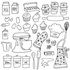 a black and white drawing of baking related items