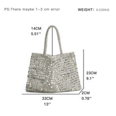 This tote bag is all about the glitz and glam with its stunning silver beaded and sequin mesh design. Perfect for any occasion, it adds a touch of fun and glamour to any outfit. Plus, it's roomy enough to carry all your essentials. Shine on and stand out! SIZE: See Size Reference Photo Gender: WOMEN Item Type: Handbags, Totes Main Material: Beaded Closure Type: OPEN Decoration: Mesh, Knitting Decoration: Sequined Hardness: SOFT Rectangular Sequined Shoulder Bag For Party, Rectangular Sequined Party Shoulder Bag, Trendy Party Bags With Sequins, Party Shoulder Bag With Sequins, Sequin Shoulder Bag For Party, Glamorous Rectangular Summer Bags, Rectangular Shoulder Bag With Sequins For Night Out, Rectangular Sequin Shoulder Bag For Night Out, Chic Rectangular Sequined Shoulder Bag