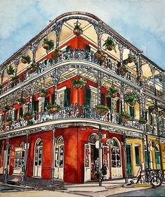 a painting of a building with flowers on the balconies