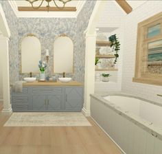 a large bathroom with two sinks and a bathtub in the middle of the room