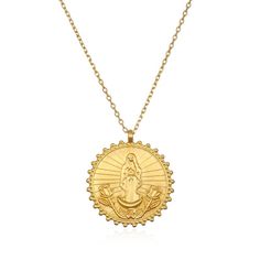 An 18kt gold plate pendant is graced with the Lady of Guadalupe—sacred symbol of motherhood, hope, justice and unconditional love— for a beautiful statement or everyday necklace that gleams with meaning. Gold Plated Spiritual Medallion Jewelry, Spiritual Yellow Gold Coin Necklace, Gold Our Lady Of Guadalupe Medallion, Miraculous Medal Medallion Necklace, Gold Virgin Mary Medallion Charm, Spiritual Yellow Gold Our Lady Of Guadalupe Jewelry, Gold Virgin Mary Medallion Jewelry, Gold Virgin Mary Medallion, Gold Medallion With Virgin Mary