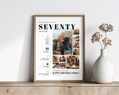 a white vase sitting on top of a wooden shelf next to a framed poster with photos