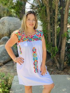 Hand embroidered mexican dress. Beautiful work or art. 100% Cotton Great for the summer, they are very light and comfortable. Last picture is an Example picture to show you how it looks being worn. Medium-Large Bust- 49 inches Waist- 50 inches length- 37 inches White Dresses For Cinco De Mayo Fiesta, Multicolor Embroidered Dress For Cinco De Mayo, Summer Embroidered Dress For Fiesta, Summer Dresses With Multicolor Embroidery And Embroidered Border, Summer Embroidered Dress With Intricate Embroidery For Fiesta, White Embroidered Dress For Cinco De Mayo, Summer Fiesta Dress With Intricate Embroidery, Cinco De Mayo White Embroidered Dress, Floral Embroidered Beach Dress For Fiesta