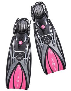 two pink and black diving equipment on a white background