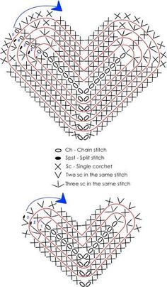 the instructions to make a crochet heart for valentine's day, with two stitches