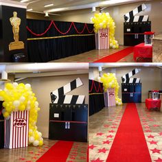 some sort of movie themed event with popcorn boxes and balloons on the floor, in front of a red carpet