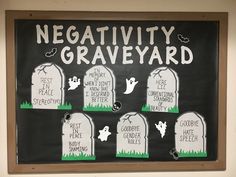 a blackboard with white writing on it that says negativity graveyard and ghost heads