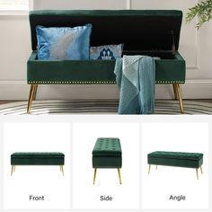 a green velvet sofa with gold legs and footstools, in front of a window