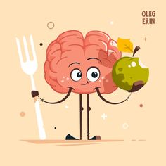 a cartoon brain holding an apple and fork